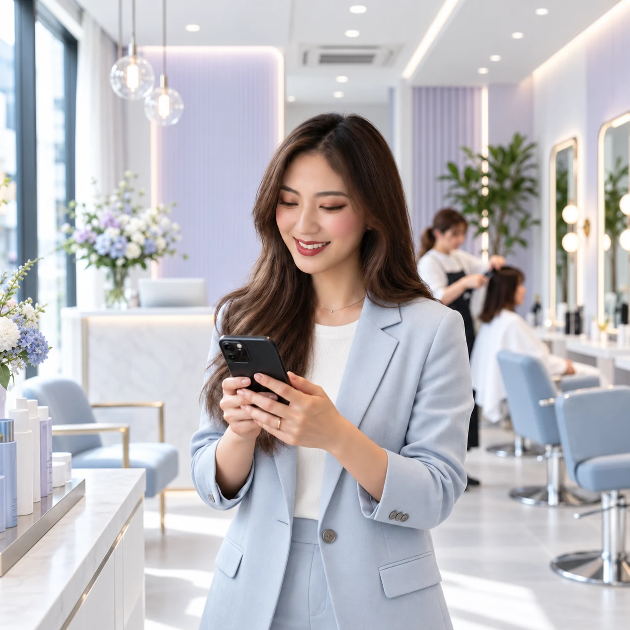 サロンでスマートフォンを使うオーナー